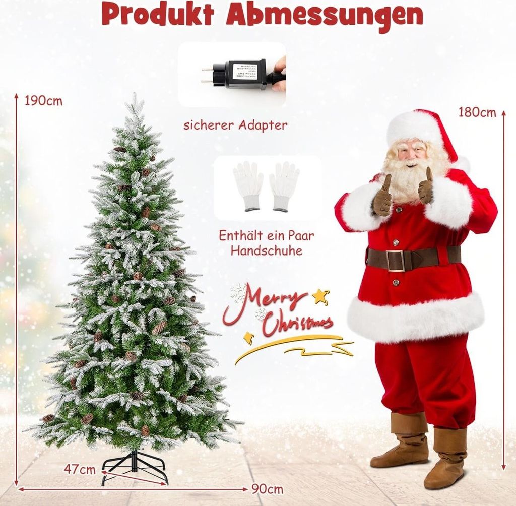 190 cm hoher, beleuchteter, schneebedeckter Weihnachtsbaum mit LED-Lichtern