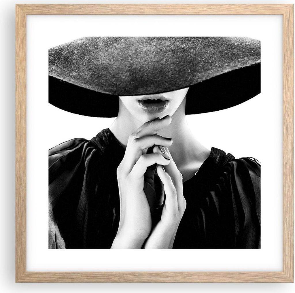 Gerahmtes Poster - Rahmen in heller Eiche - Frau Hände Hut - 40x40 cm - Wand Bild - Wanddeko - Wandbilder - Kunstposter - Wandposter - Bilderrahme...