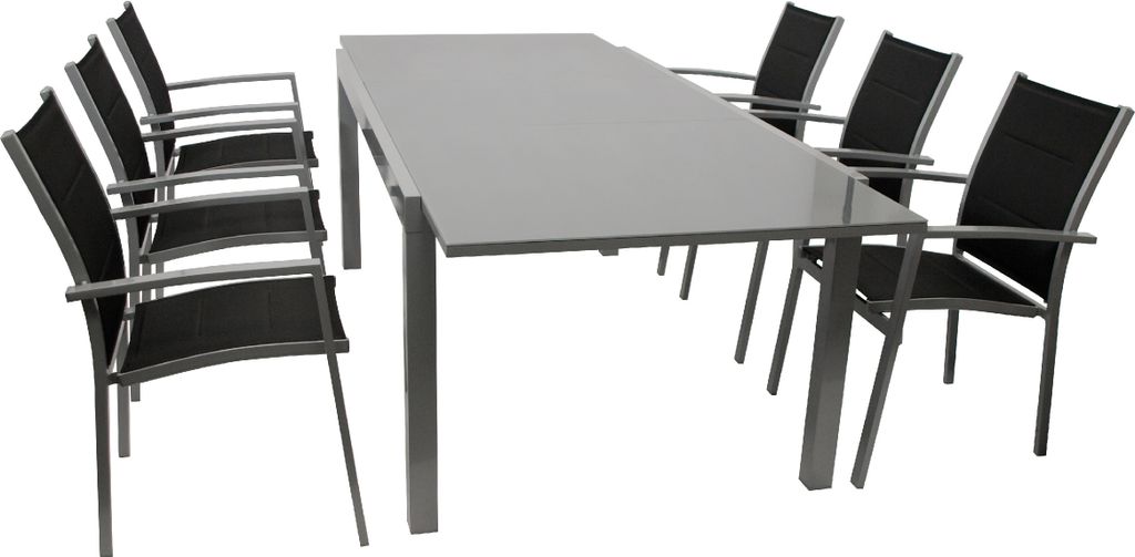 TPFGarden GARTEN-GARNITUR Ashford - 7-teilige Garten-Essgruppe (6x Stapelsessel mit Armlehnen, 1x Ausziehtisch 180/240x100cm), Gestell Aluminium gr...
