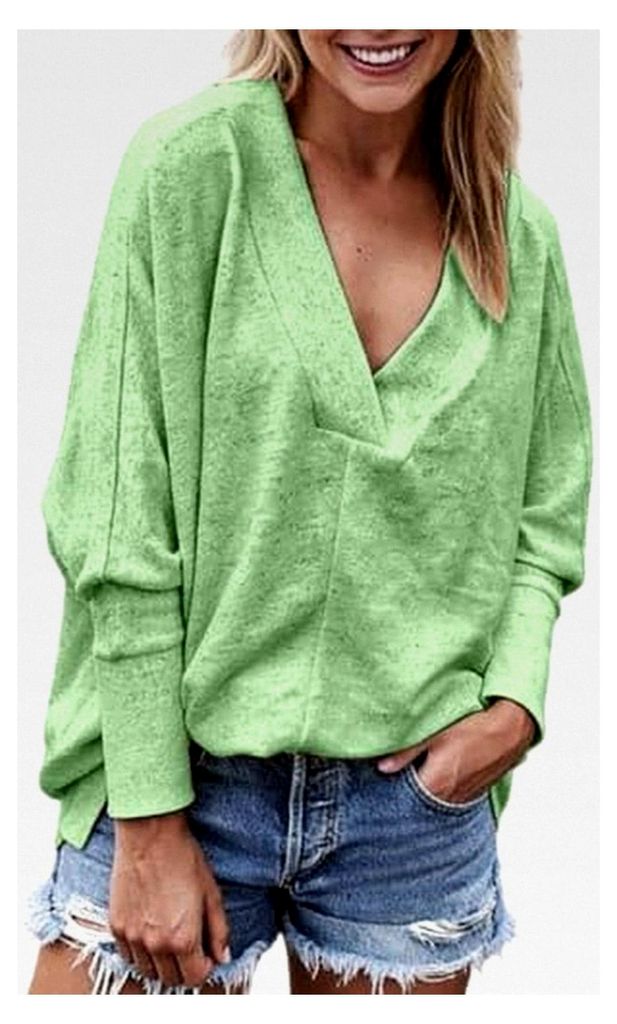 Damen Sweatshirt Einfarbig Pullover mit V-Ausschnitt Langarmshirt Warm Kurz Pulli Casual Streetwear Oversize Strickpullover Herbst Basic Shirts Blu...