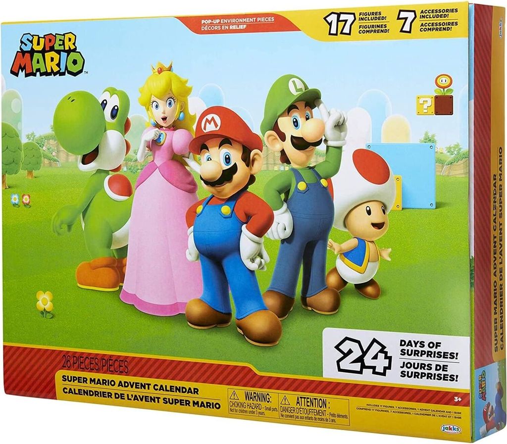 The image shows the front of a Super Mario Advent Calendar box, featuring characters from the Super Mario franchise.