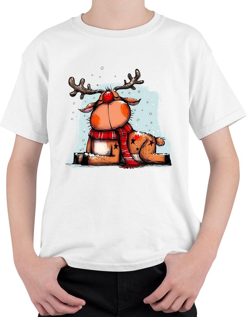 Rudolf Rentier Weihnachten rote Nase roter Schal Geschenk Uni Kinder T-Shirt, Weiß, 152