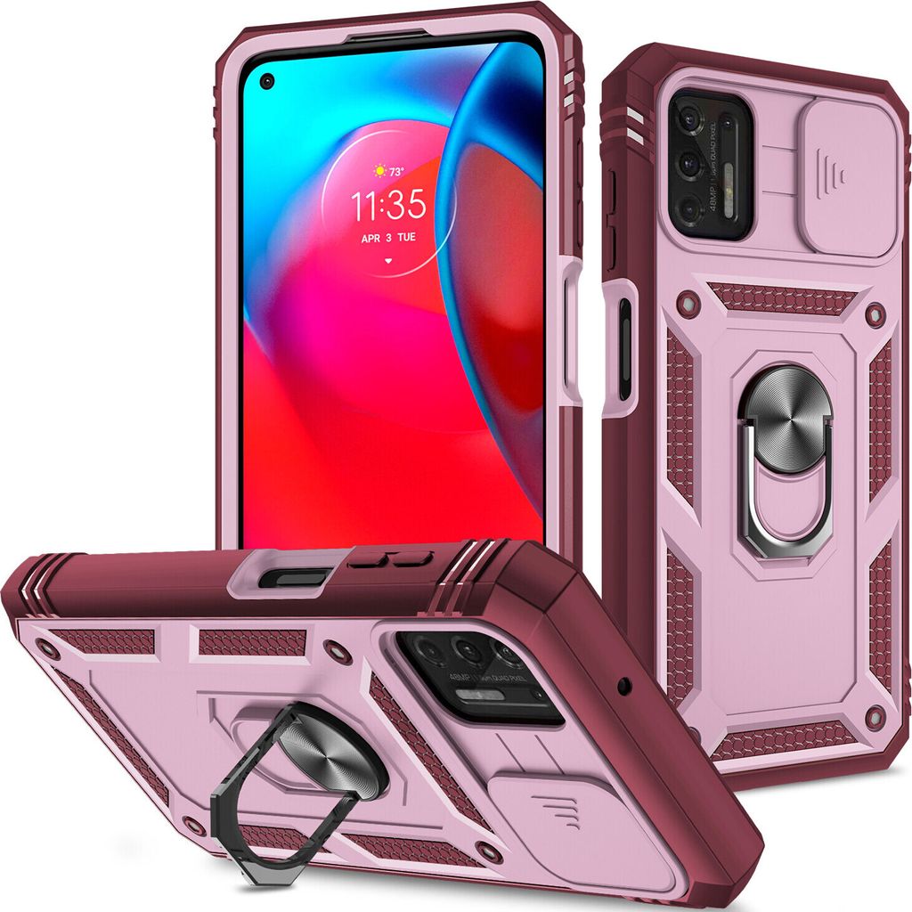 Moto G Stylus 2021 Hülle, Schiebe Kamera Schutz Robust Schutzhülle mit Ringhalterung Ständer Kartenhalter für Motorola Moto G Stylus 2021 Rosa