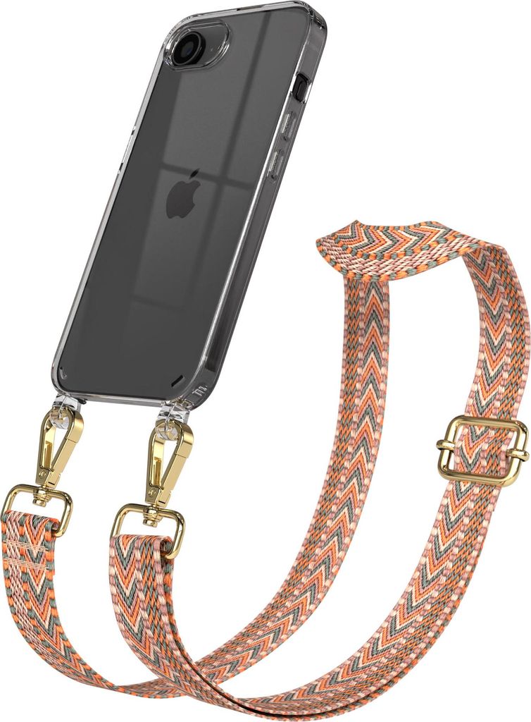 Apple iPhone 16e / 17e Chain Eyelets Slim Neck Strap Set Zig Zag Orange - Green 9 Metall Gold