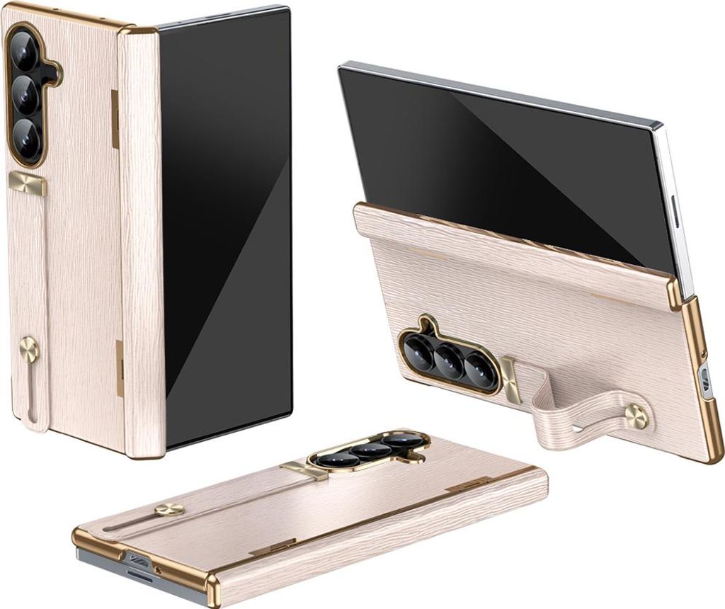 Handyhülle für Samsung Galaxy Z Fold 7 Lederhülle mit Handschlaufe, Ständer, Scharnierschutz Pink