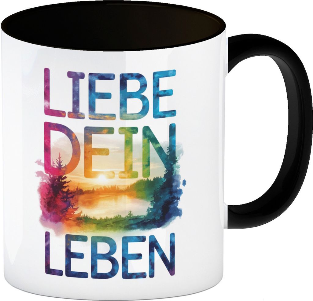 Liebe dein Leben Kaffeebecher in schwarz Aquarell Design