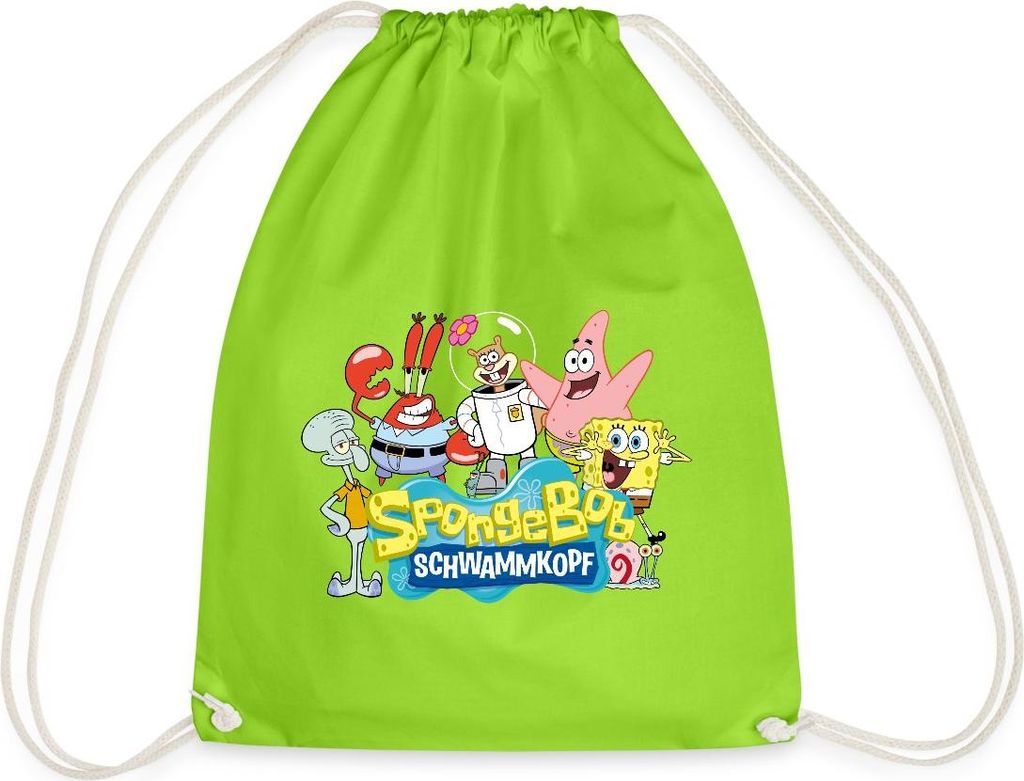 Spreadshirt SpongeBob Schwammkopf Logo Patrick Thaddäus Krabs Turnbeutel, One size, Neongrün