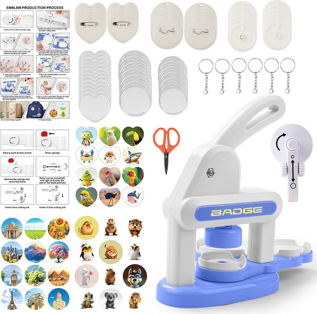 Button Maker Maschine – Installationsfreie DIY Button Pin Maker Maschine, Badge Press Maschine in Blau