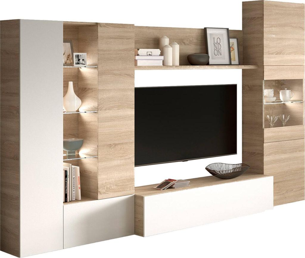 ESSENCIAL TV-Schrank mit klassischer glänzend weißer LED und Eichendekor - L 260 cm