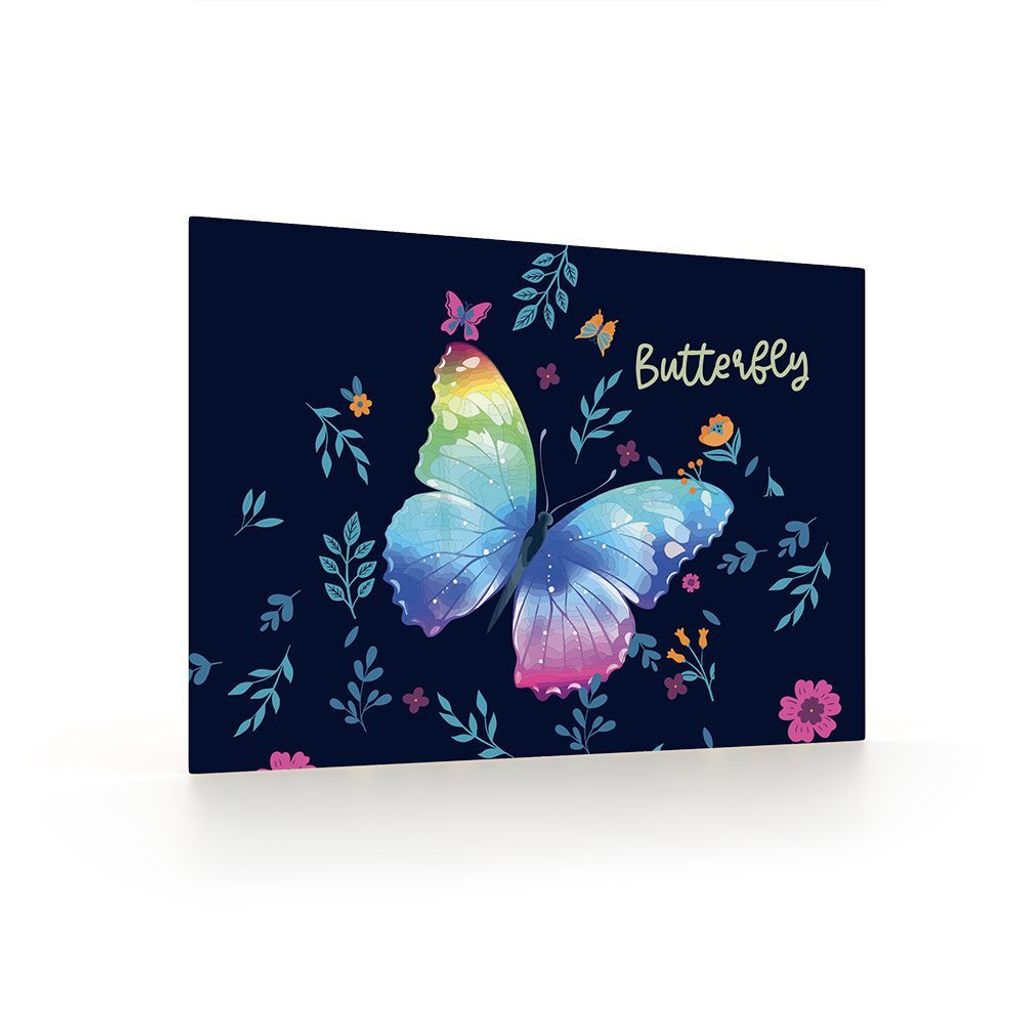 A dark blue background with a large, colorful butterfly and floral elements.