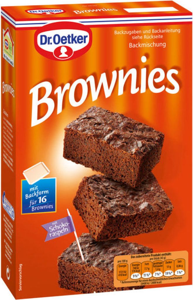 Dr. Oetker Brownies Backmischung mit Backform für 16 Brownies 456g