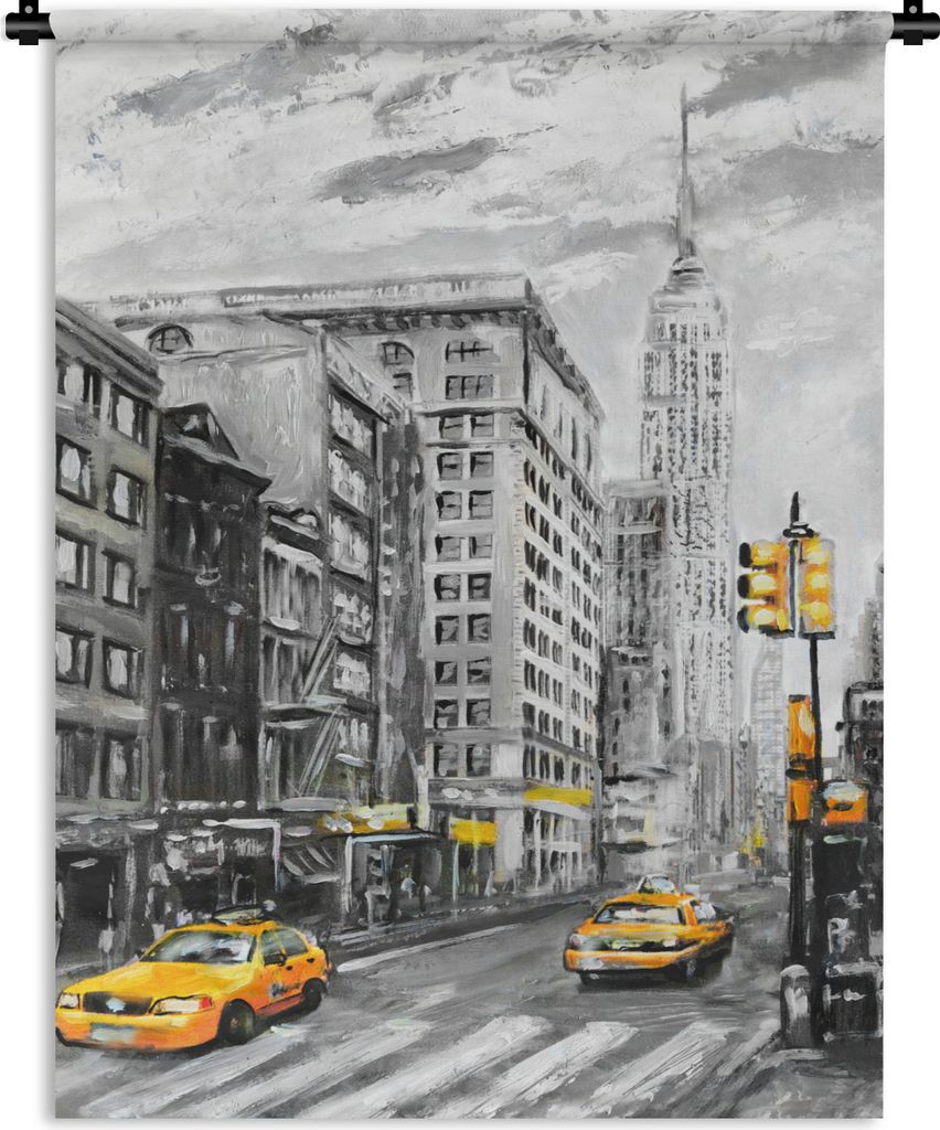 MuchoWow Wandteppich Wandbehang Malerei - Stadt - Auto - Gelb 90x120 cm Tapisserie Dekoration Wandtuch - Wanddeko