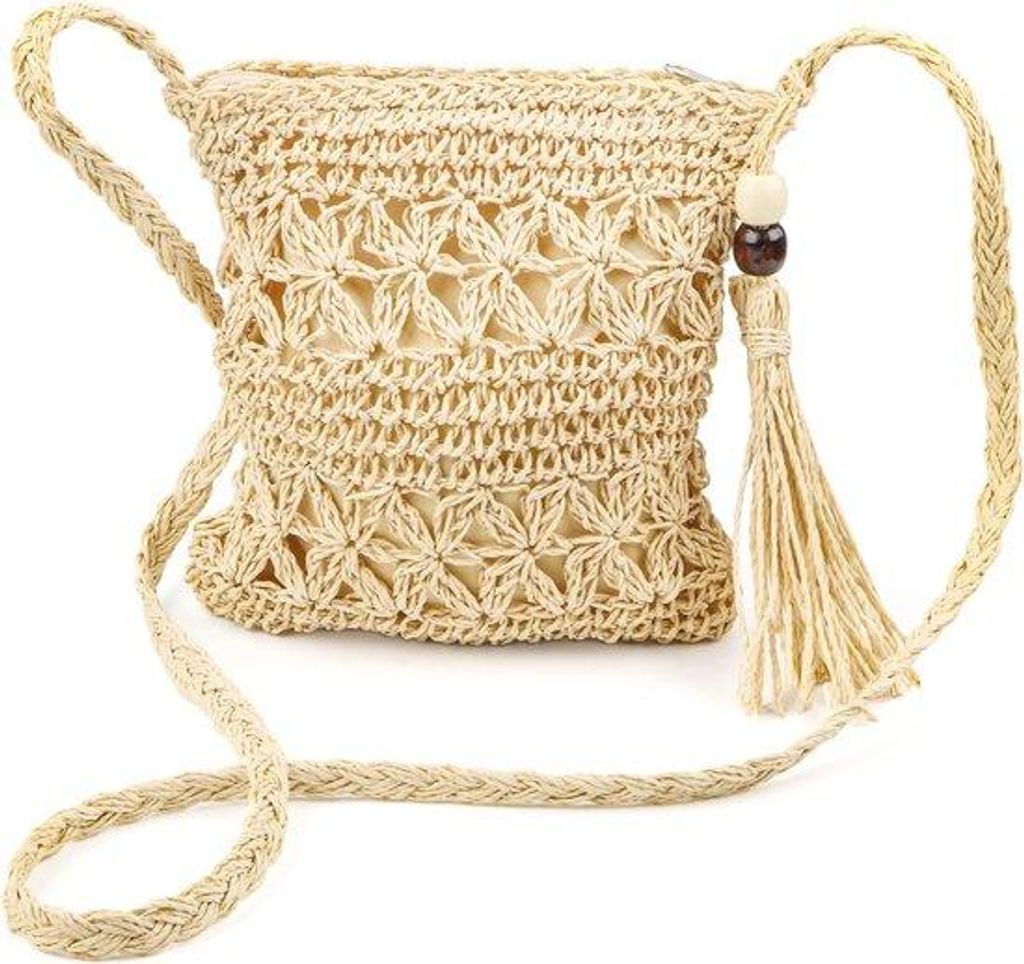 Handgefertigter Bambus-Schultertas mit Feder - Boho Web-Zipper-Beachtas und Crossbody-Tasche für Urlaub und Strandtouren