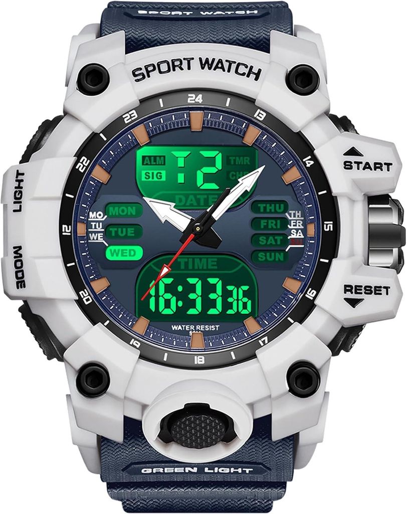 Herren Digital Sportuhr Analog Dual Display Militär Design LED Alarm Stoppuhr Timer 5ATM Wasserdicht Silikonarmband Outdoor Uhr