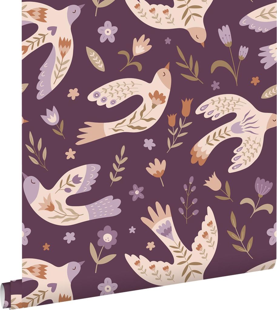 ESTAhome Tapete Blumen und Vögel Lila 50 x 900 cm