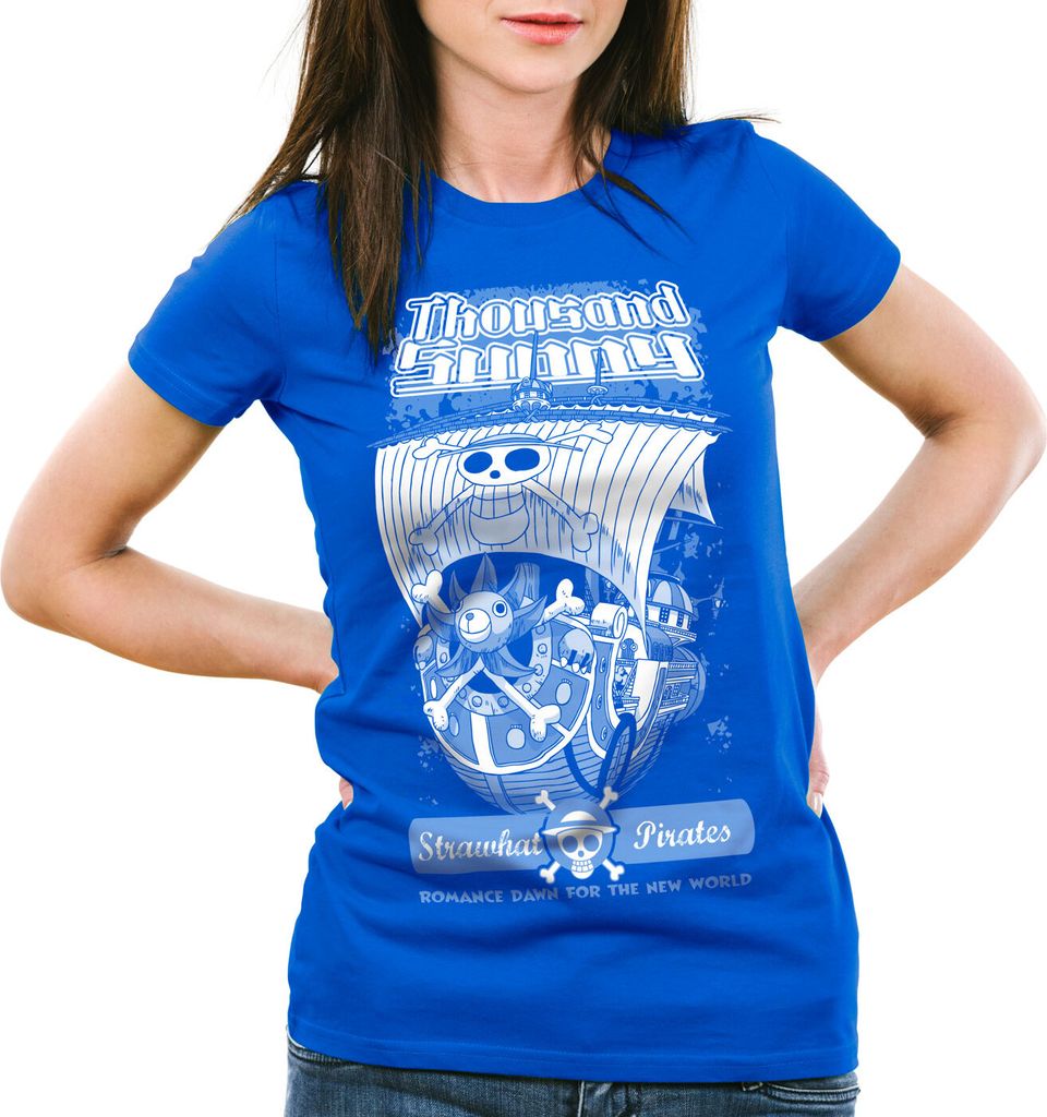 style3 Thousand Sunny Glory Damen T-Shirt anime japan strohhut pirat, Farbe:Blau, Größe:L