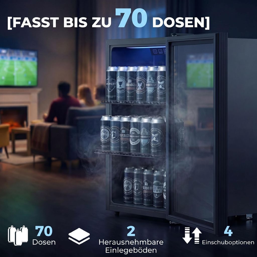 DollarDash Kompakt-Kühlschrank 50 Liter / 70 Dosen – Mit Glastür, Digitalem Display, Verstellbarem Regal & Kompressor – Leise (39 DB) Für Büro & Wohnzimmer Mini Kühlschrank 70 Dosen