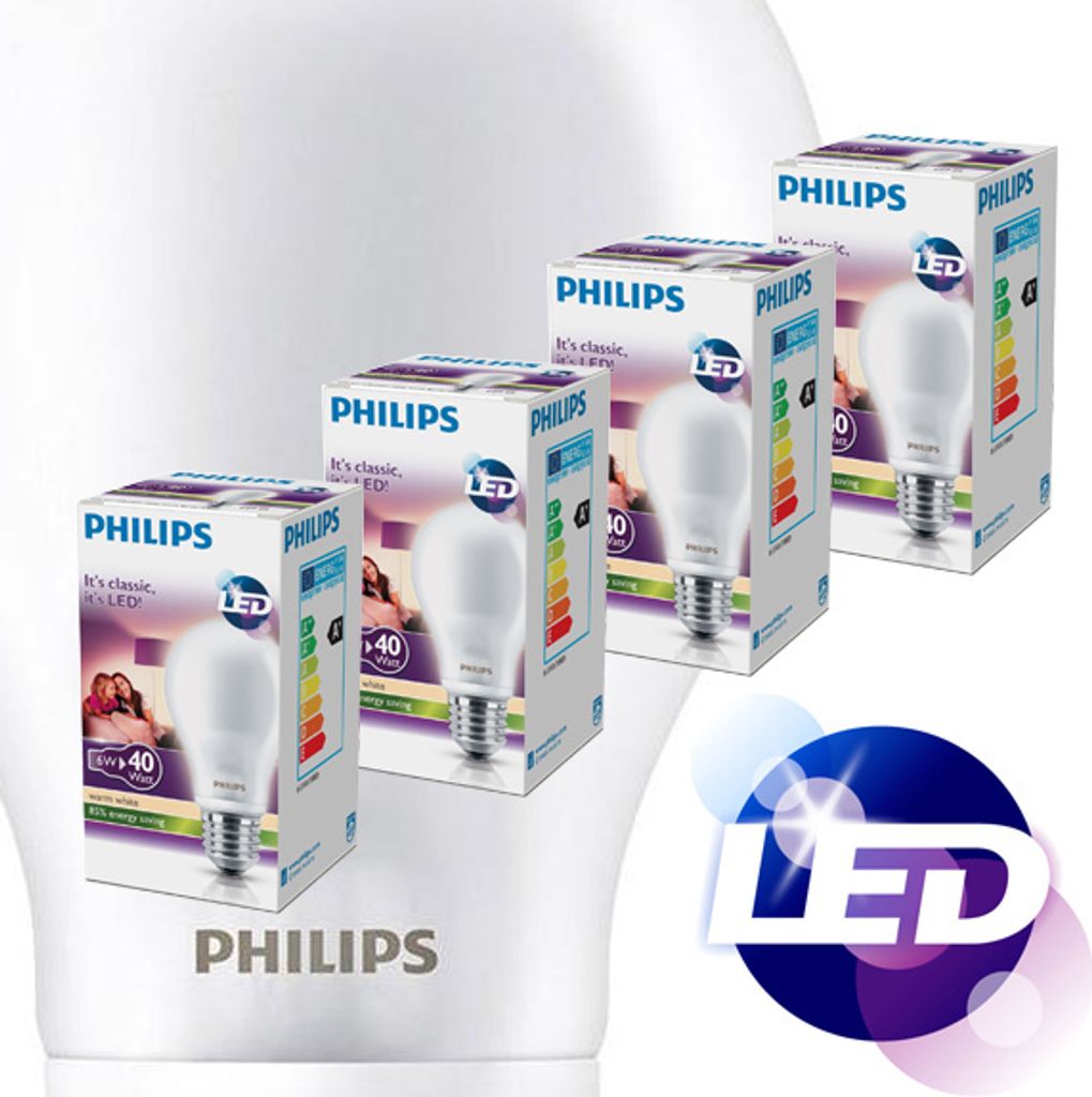 Multiple product packages of Philips LED bulbs arranged in a diagonal pattern, with a large stylized LED logo in the foreground.