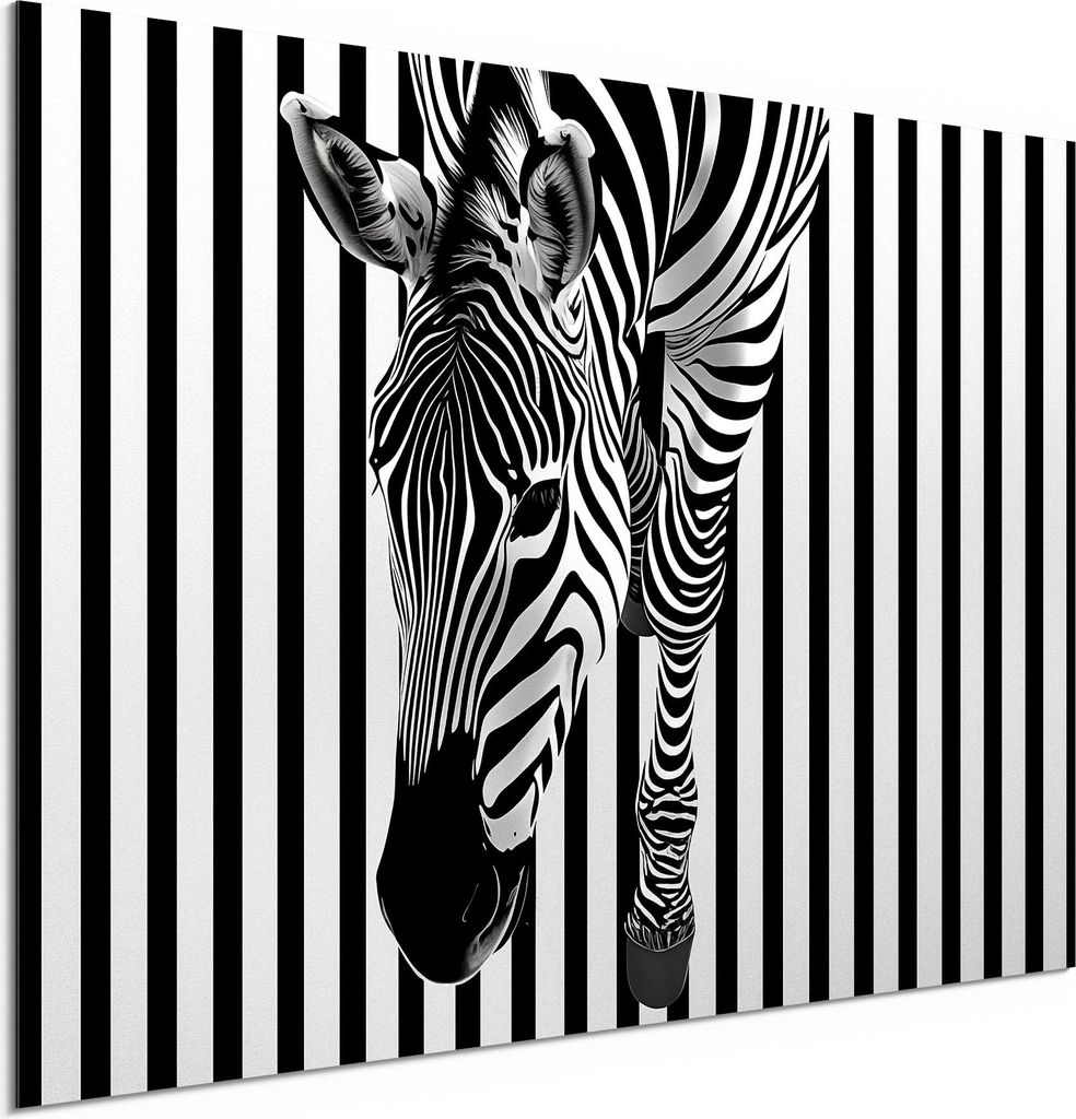 DEQORI Alu-Dibond Bild Weiß 60x40 cm 'Zebra im Streifenrausch' Wandbild Metall dünn