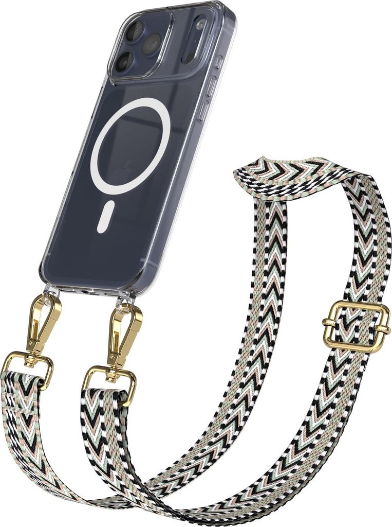 EAZY CASE - Handykette mit MagSafe Hülle für Apple iPhone 17 Pro Max, Handyband ZigZag Style, Karabiner Gold, Umhängeband in Grün