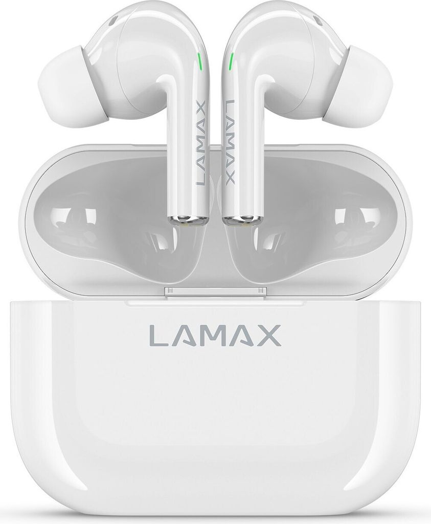 A pair of white wireless earbuds and their charging case are displayed against a white background.