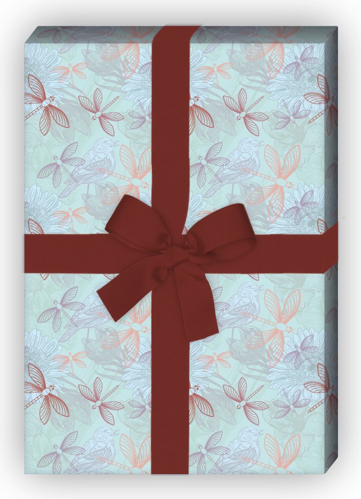 Schönes Natur Geschenkpapier mit Libellen, blau grün - G10091, 32 x 48cm