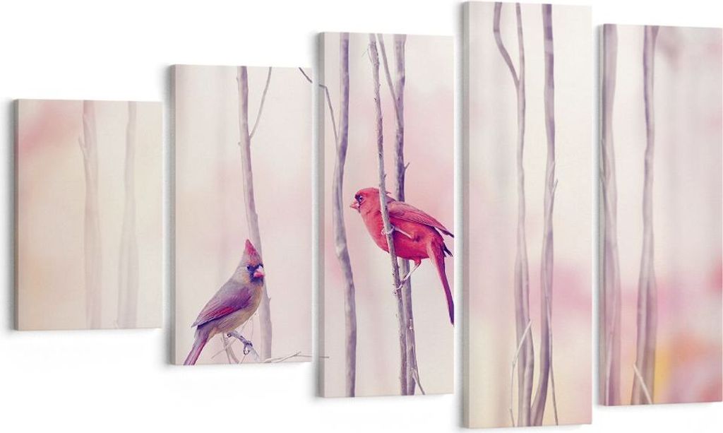 Bild auf Leinwand - Leinwandbild - 5 Teile - Vögel Kardinal Scharlachrot - 100x60cm - Wand Bild - Wanddeko - Wandbilder - Leinwanddruck - Bilder -...