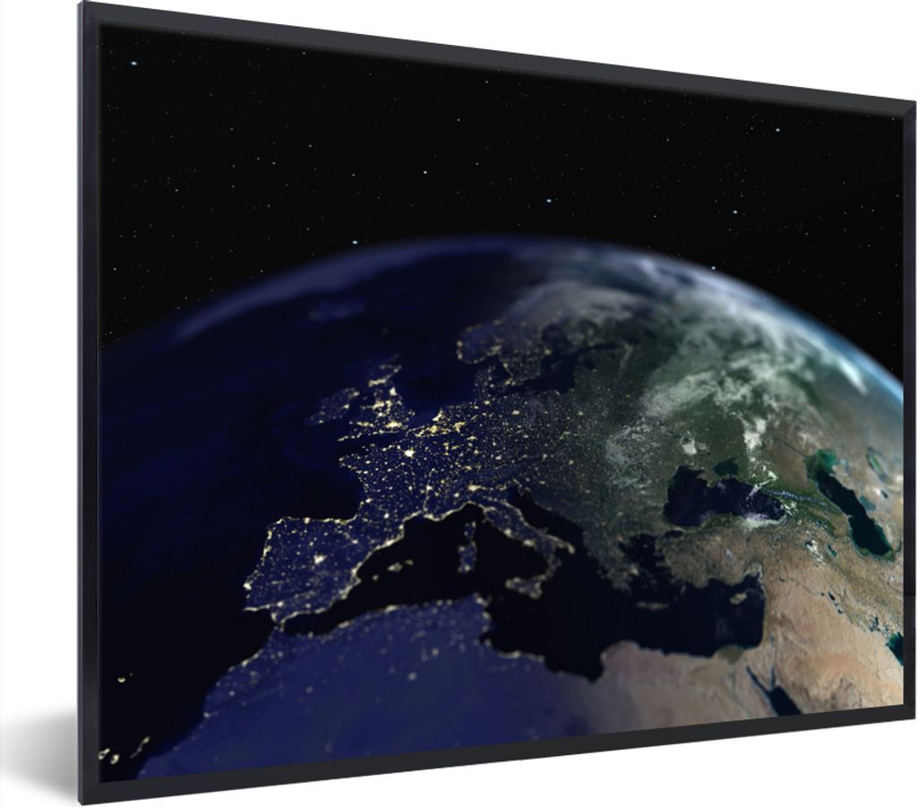MuchoWow Gerahmtes Poster Satellitenbild von Europa bei Nacht 80x60 cm - Poster mit Schwarzem Bilderrahmen Wandposter Rahmen Foto Bilder - Schwar...