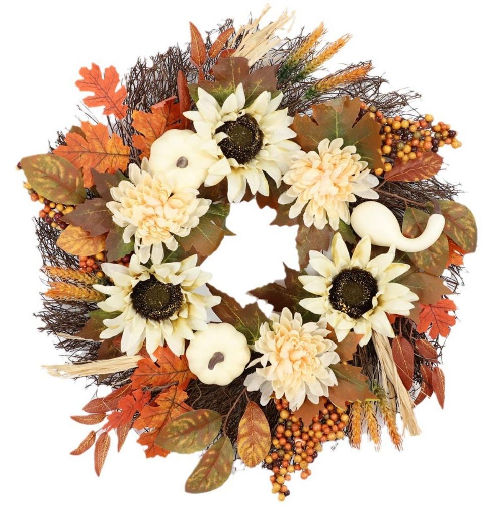 INF Weißer Kürbiskranz Herbst Türkranz Sonnenblumen Polyester+PU 45.00cm
