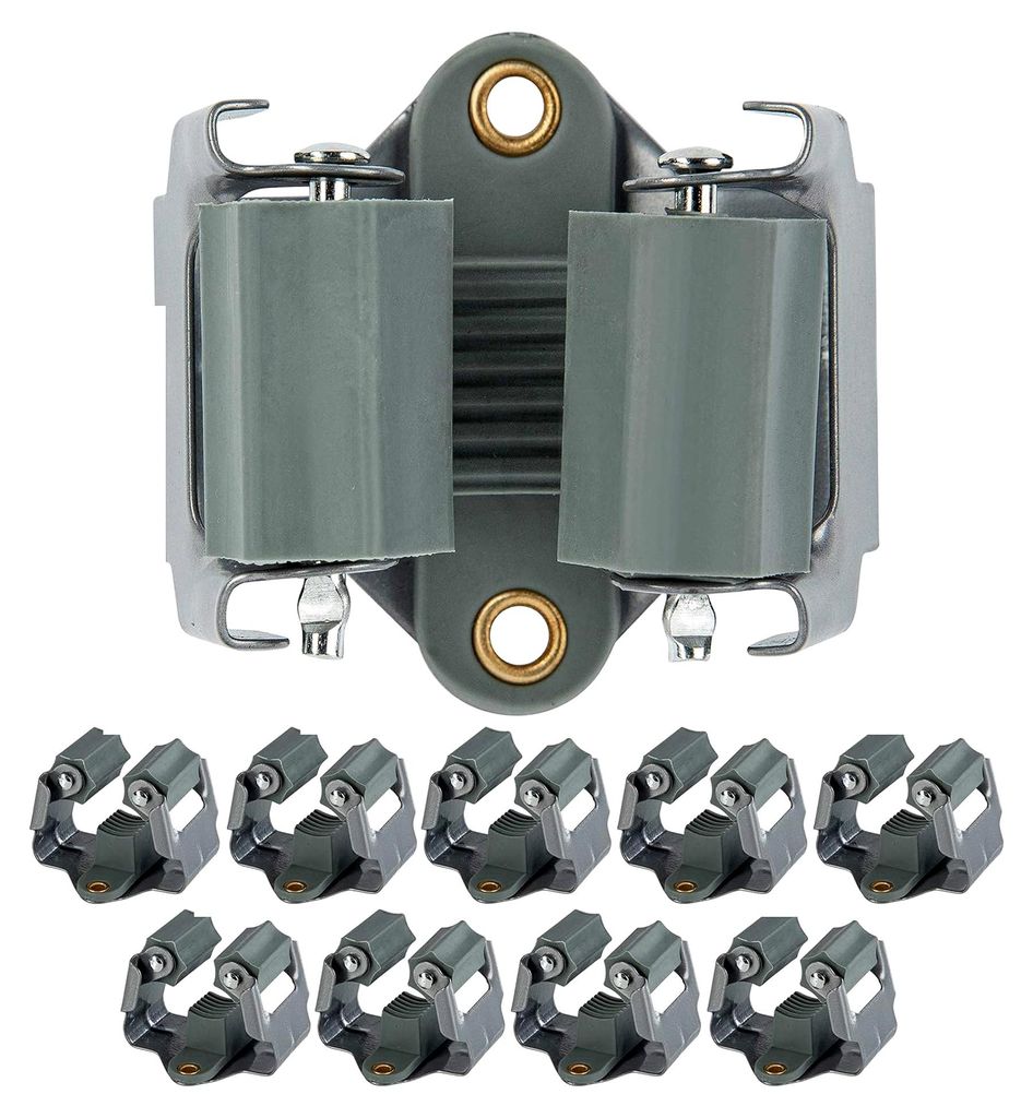 Gerätehalter Klemmfix | Wandhalterung aus Federstahl 10er Set | Halterleiste für Werkzeuge und Besen | Inklusive Arbeitshandschuhe, Dübel und Sc...