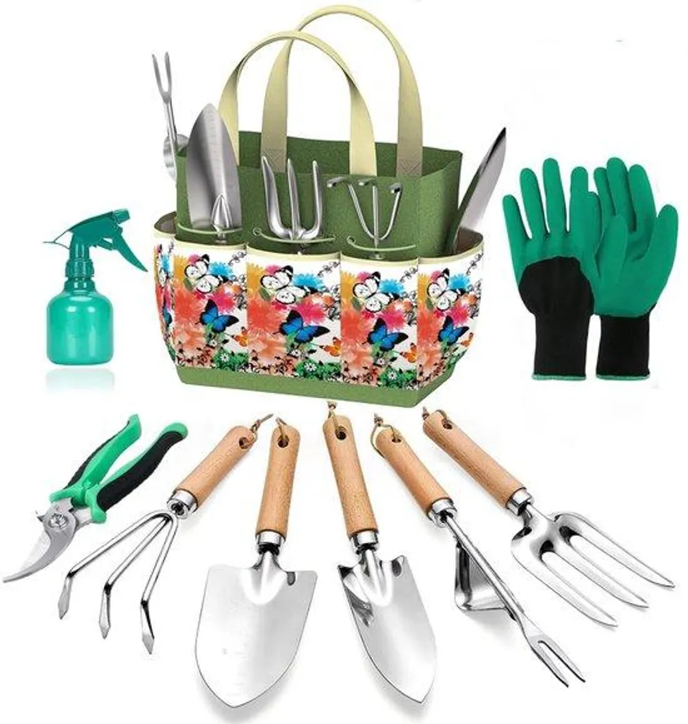 Kit jardinage 9 pièces robuste : outils en acier avec sac de rangement