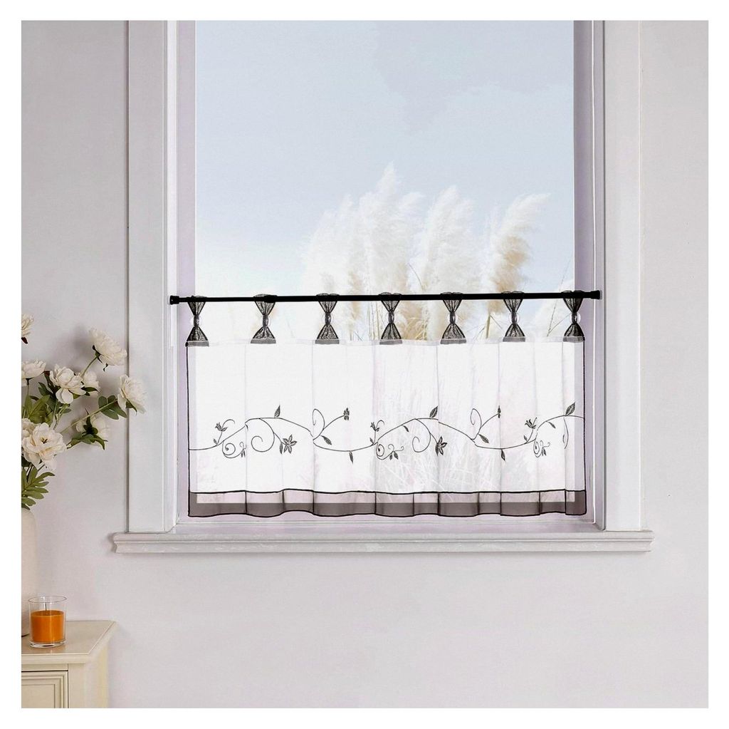 1er Pack Schlaufen-Scheibengardine mit Blumenstickerei, HxB 45x120cm, Grau