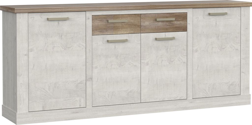Sideboard "Duro" aus Holzwerkstoff in Pinia Weiss kombiniert mit Eiche Antik mit 2 Schubladen und 4 Türen. Abmessungen (BxHxT) 212,9x90,3x41,3 cm