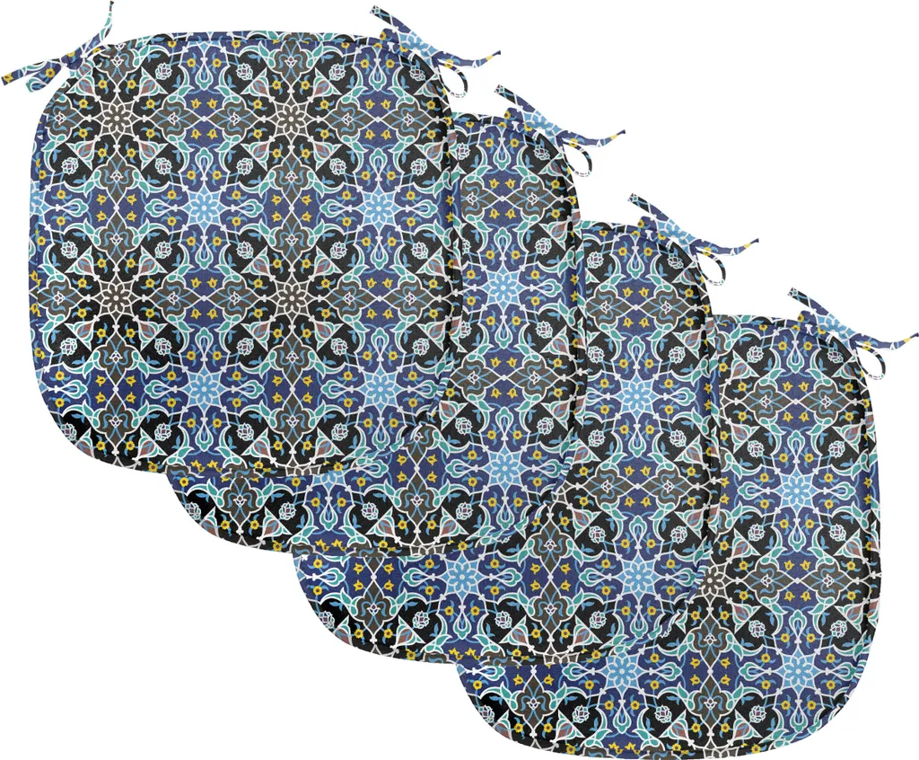 Galette de Chaise Carrée 40x40 cm Motif Oriental Bleu Roi avec Sangles Lot 4