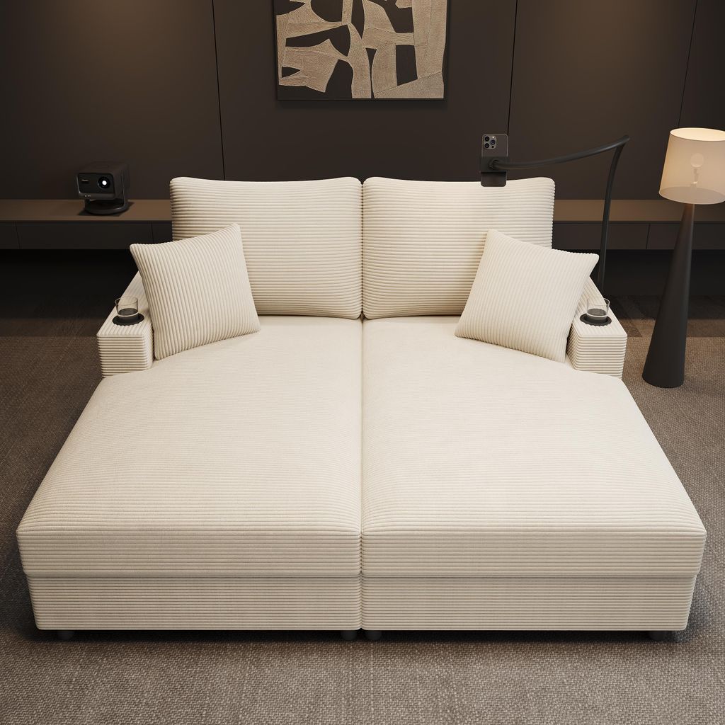 Abrihome 2-Sitzer Schlafsofa Klappsofa mit Schlaffunktion, verstellbare Rückenlehne, USB-Anschluss & Handyhalter, Beige