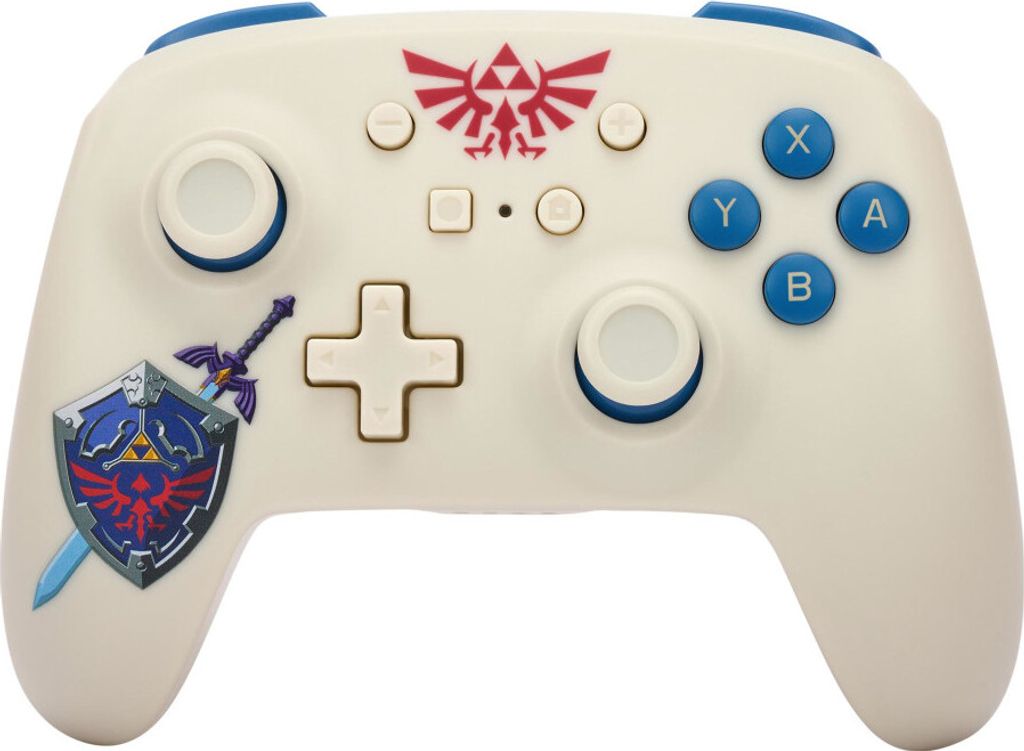 A white Nintendo Switch controller with blue accents and The Legend of Zelda branding.