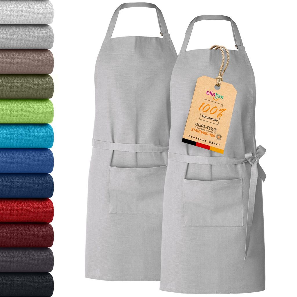 2er Pack EllaTex Kochschürze Latzschürzen 100% Baumwolle Unisex Schürzen verstellbar mit Tasche Grillschürze Küche, Farbe: Silber