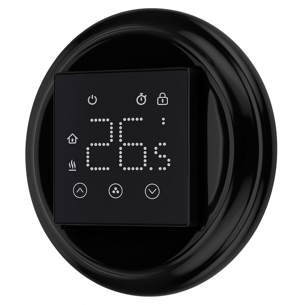 A digital thermostat with a black display and a black circular frame, shown against a white background.