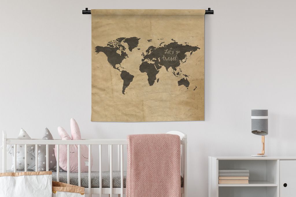 MuchoWow Wandteppich Wandbehang Weltkarte - Vintage - Braun 90x90 cm Tapisserie Dekoration Wandtuch - Wandaufhänger