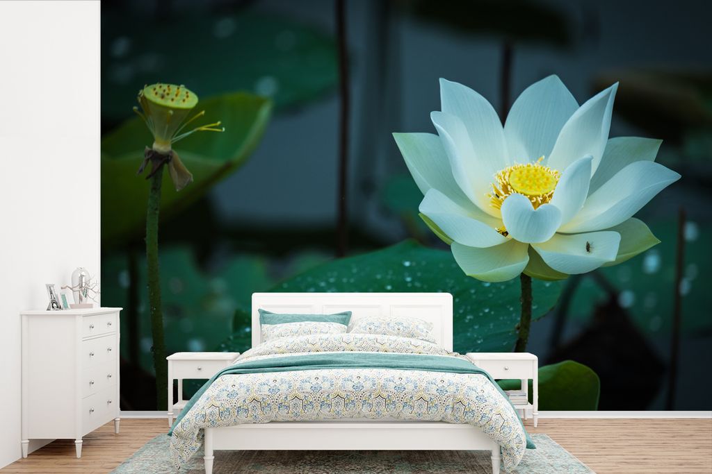 MuchoWow Fototapete für Wohnzimmer oder Schlafzimmer Wandtapete Vinyl Motivtapete Weißer Lotos zwischen den Lilien - 390x260 cm - Papiertapete