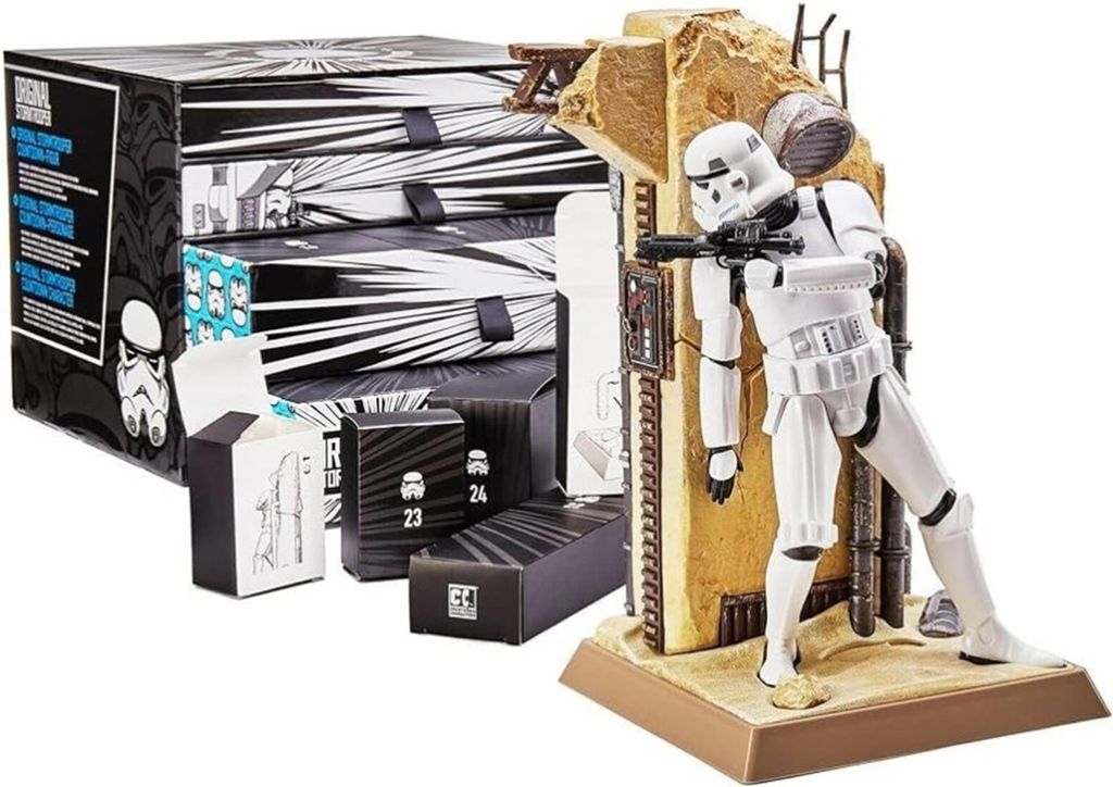 A Star Wars themed advent calendar with a stormtrooper model kit.