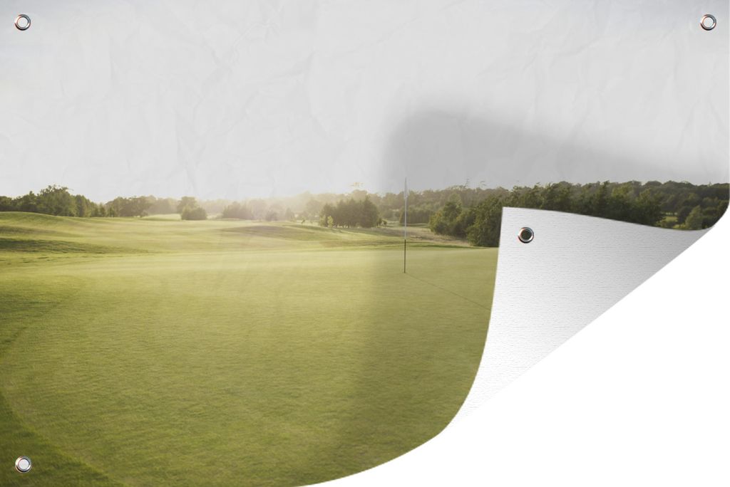 MuchoWow 90x60 cm Outdoor-Poster Gartendeko Sichtschutz Garten Poster für den Garten Blick über einen grünen Golfplatz bei Sonnenaufgang