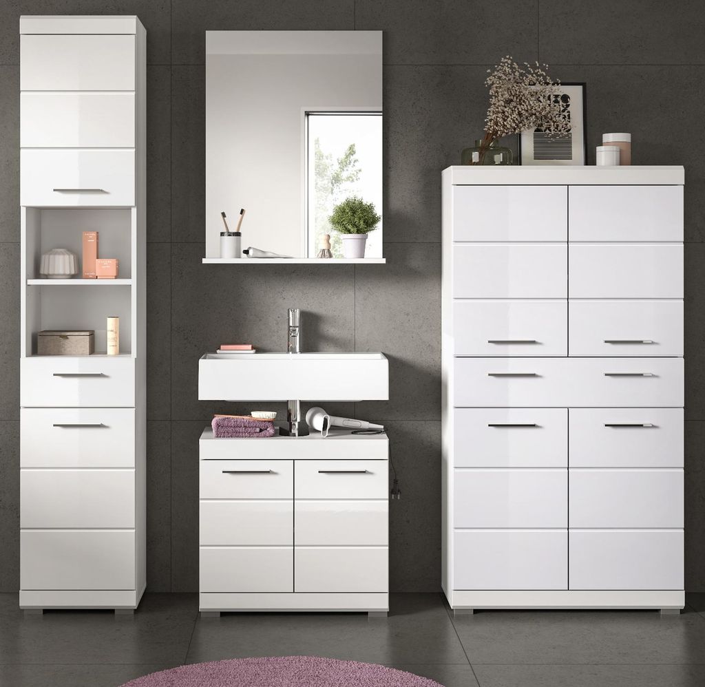 Badmöbel Set 4-teilig "Shawn" in weiß Hochglanz Badkombination 200 x 191 cm