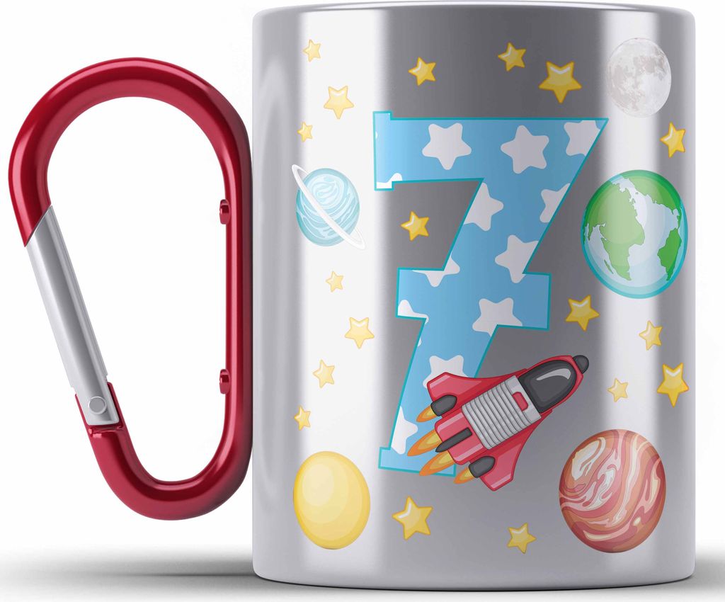 Trendation - 7. Geburtstag Edelstahl Tasse Karabiner Geschenk Becher Siebter Bday Geschenkidee 7 Jahre Alt Junge Mädchen KakaoEdelstahl Tasse Kara...