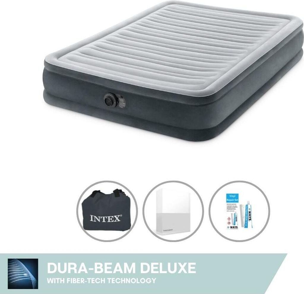 Intex Luftbett - 2 Personen - 137 x 191 x 33 cm - Grau - Mit eingebauter Pumpe, Spannbettlaken Weiß en Reperaturset