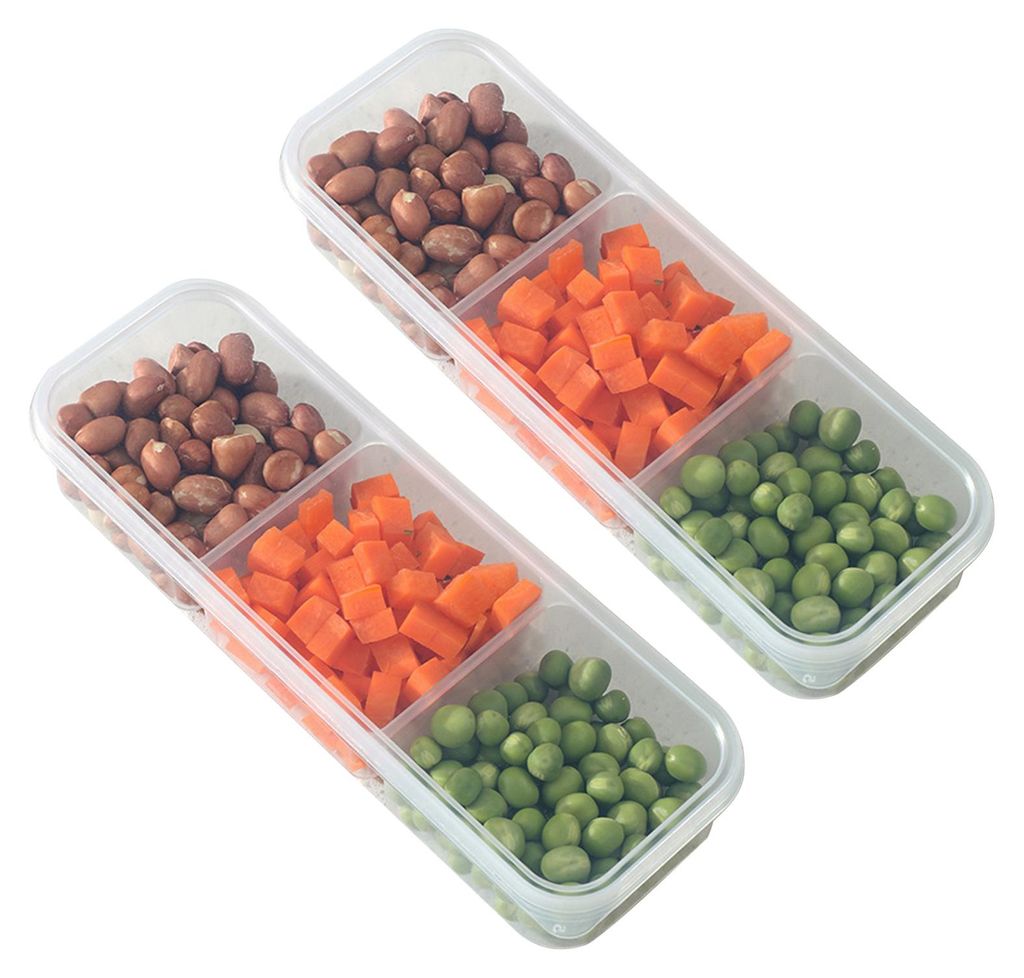 2 schmale, stapelbare Vorratsdosen mit Deckel, längliche, transparente Snackbehälter mit 2 oder 3 Fächern, ideal für Kühlschrank und Speisekam...