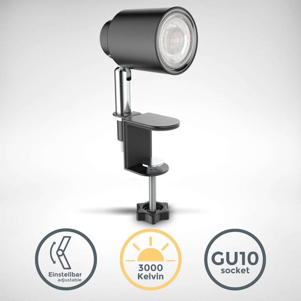 B.K.Licht Led Klemmleuchte Leselampe Clip schwenkbar schwarz GU10 Mini-Lampe