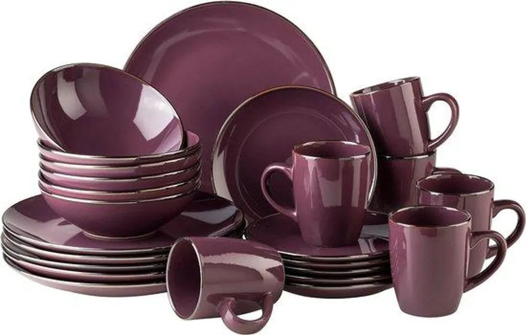 Vaisselle complète en céramique violette avec liseré laiton pour 6 convives