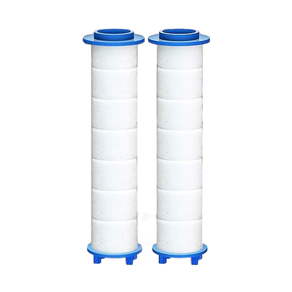 Two white cylindrical filter cartridges with blue caps and bases, presented side-by-side against a white background.