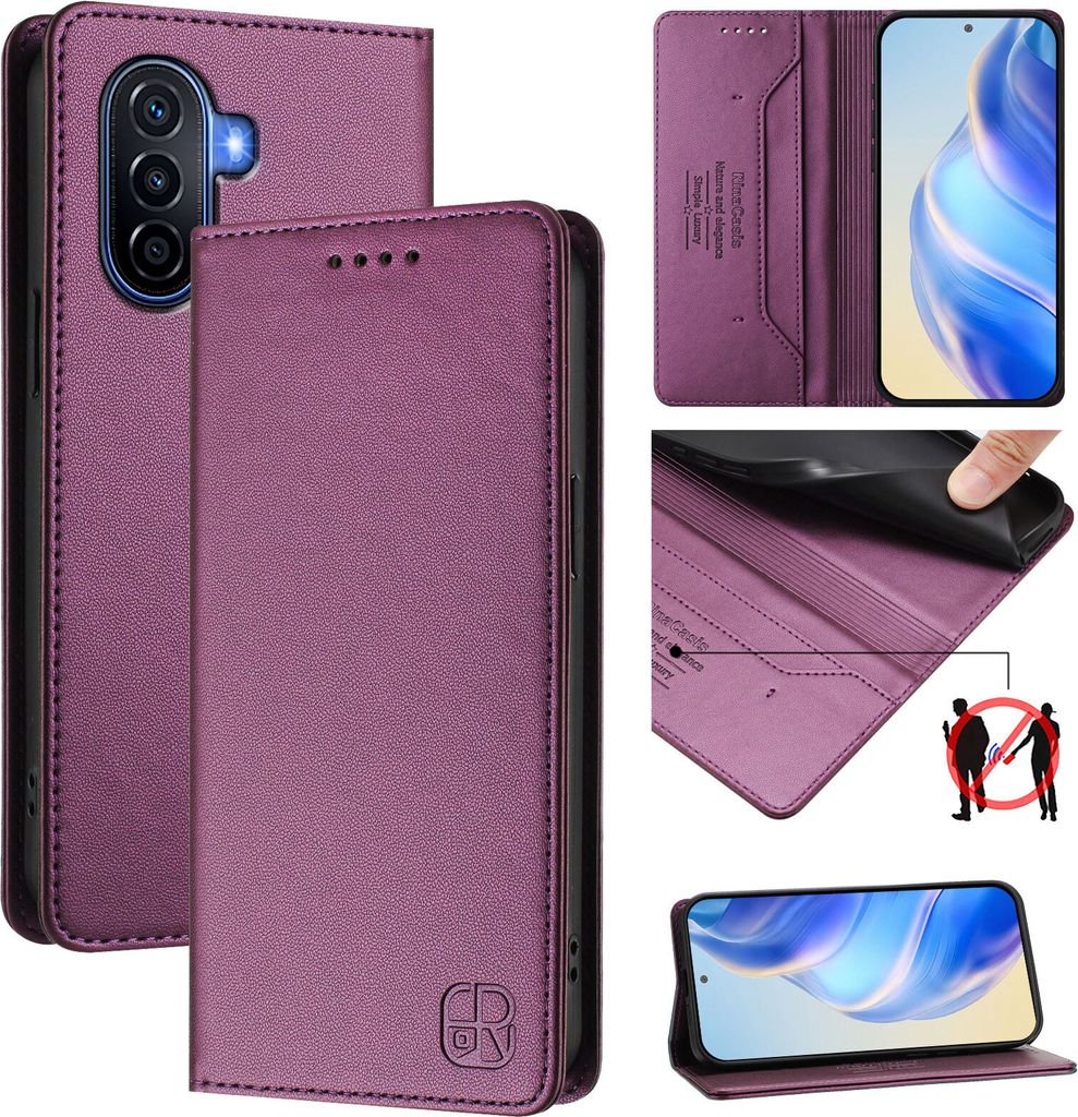 Lederhülle für Huawei Nova Y70 Plus Hülle Flip Brieftasche Kartenfächern Ständer Schutzhülle Lila